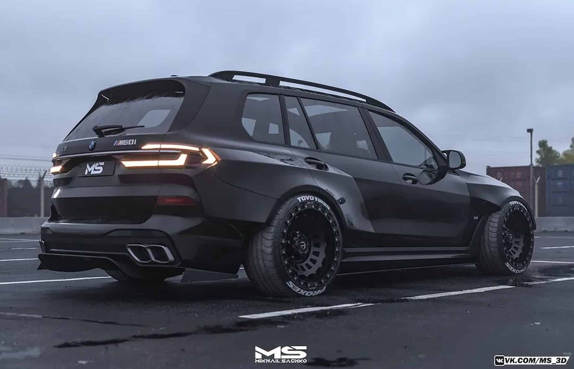 cgi augmented 2023 bmw x7 m60i gets proper murdered out slammed widebody tuning 11