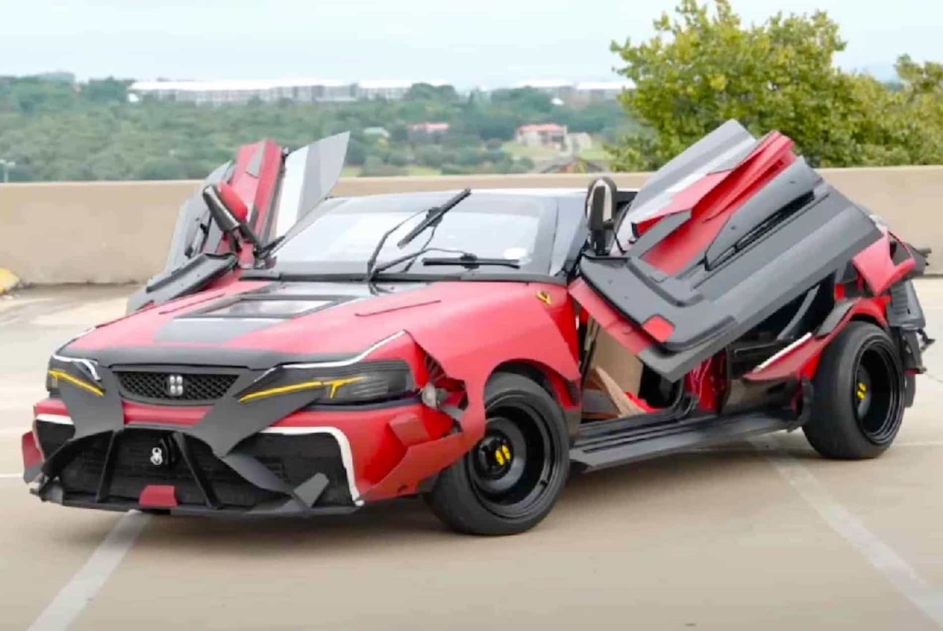 Front angle view of customized Toyota Corolla that looks like Tesla Model X Transformers robot 1