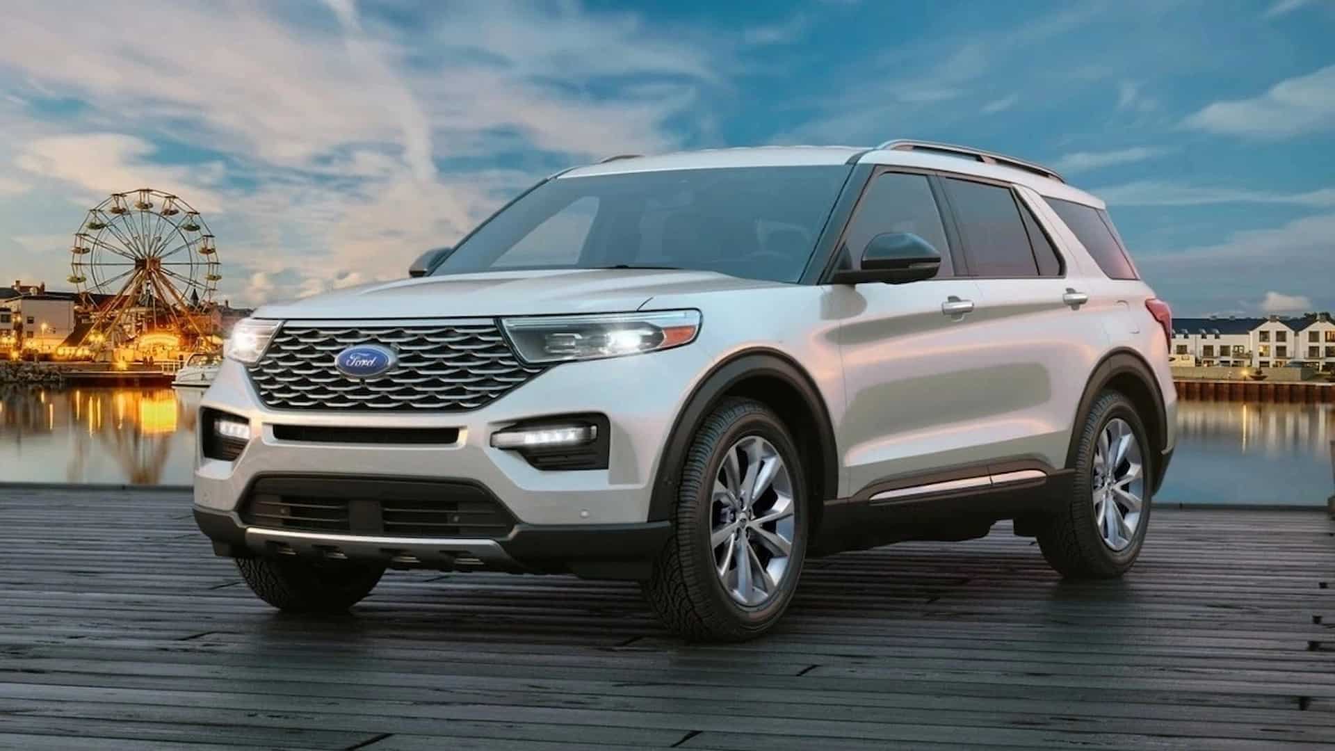 Front view of white 2023 Ford Explorer best selling midsize SUV and also the most unreliable