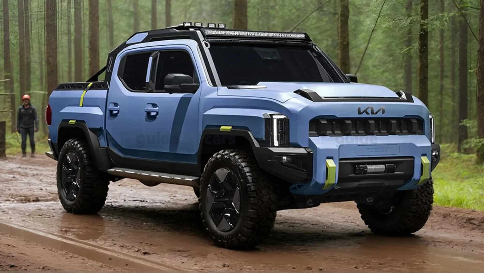 Новый рамный Kia Tasman показан в хардкорной внедорожной экипировке 4 Kia Tasman WKNDR CarsGuide Forest render 1001x565p 1